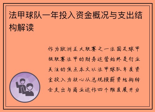 法甲球队一年投入资金概况与支出结构解读
